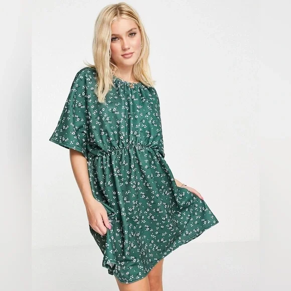 ASOS Design Textured Floral Smock Dress with Elastic Waistband - Picture 8 of 9